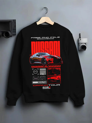 Black crewneck sweatshirt on a hanger against a grey wall, featuring Nissan Skyline rs turbo racing drift motorsport jdm graphic.