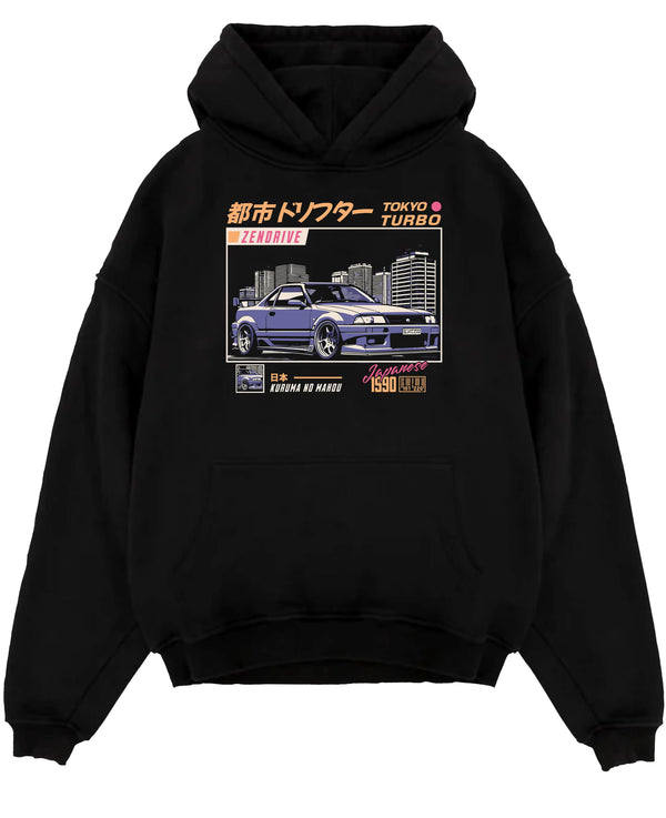 Black pullover hoodie laid flat on a white background, featuring Nissan turbo turbocharged racing drift jdm japanese street graphic.