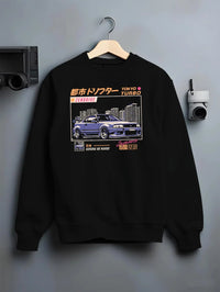 Black crewneck sweatshirt on a hanger against a grey wall, featuring Nissan turbo turbocharged racing drift jdm japanese graphic.