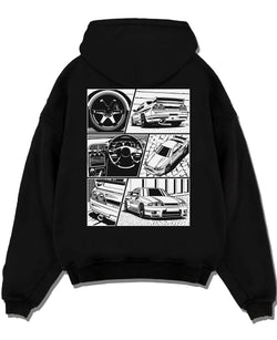 Black pullover hoodie laid flat on a white background, featuring Nissan Silvia S14 silvia turbo turbocharged racing drift graphic.