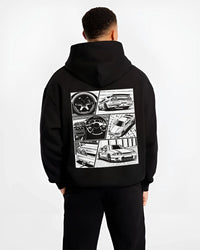 Black hoodie worn by a male model, back view, featuring Nissan Silvia S14 silvia turbo turbocharged racing drift jdm graphic.