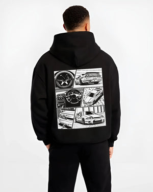 Black hoodie worn by a male model, back view, featuring Nissan Silvia S14 silvia turbo turbocharged racing drift jdm graphic.