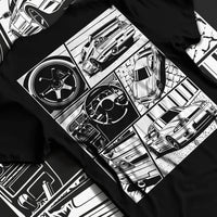 Black T-shirt laid flat with natural fabric folds, featuring Nissan Silvia S14 silvia turbo turbocharged racing drift jdm graphic.
