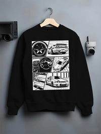 Black crewneck sweatshirt on a hanger against a grey wall, featuring Nissan Silvia S14 silvia turbo turbocharged racing graphic.