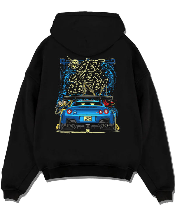 Black pullover hoodie laid flat on a white background, featuring Nissan 350Z turbo turbocharged racing drift jdm japanese graphic.