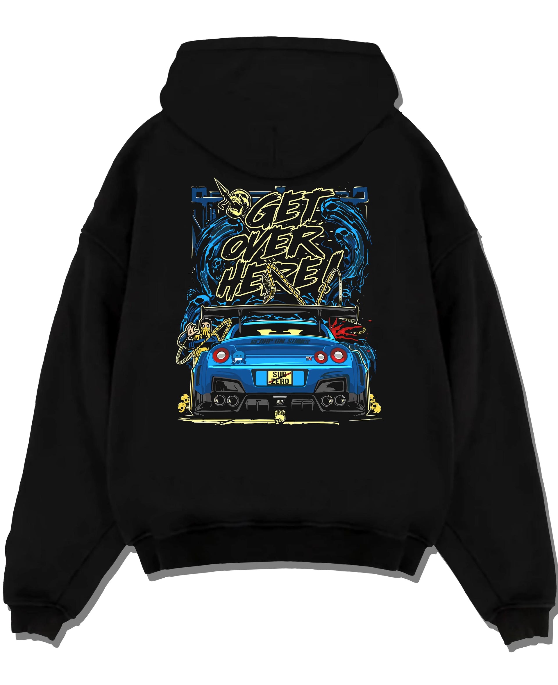 Black pullover hoodie laid flat on a white background, featuring Nissan 350Z turbo turbocharged racing drift jdm japanese graphic.