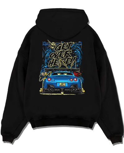 Black pullover hoodie laid flat on a white background, featuring Nissan 350Z turbo turbocharged racing drift jdm japanese graphic.