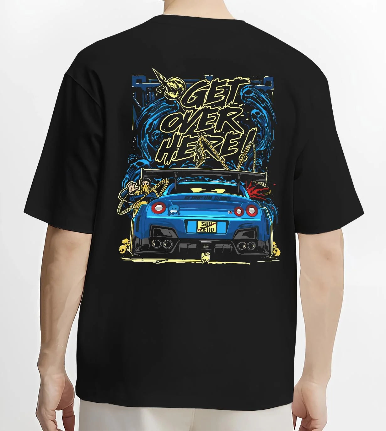 Black T-shirt worn by a male model, back view, featuring Nissan 350Z turbo turbocharged racing drift jdm japanese tuner graphic.