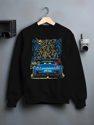 Black crewneck sweatshirt on a hanger against a grey wall, featuring Nissan 350Z turbo turbocharged racing drift jdm graphic.