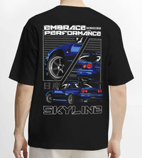 Black T-shirt worn by a male model, back view, featuring Nissan Skyline R34 r34 skyline turbo jdm legend racing graphic.