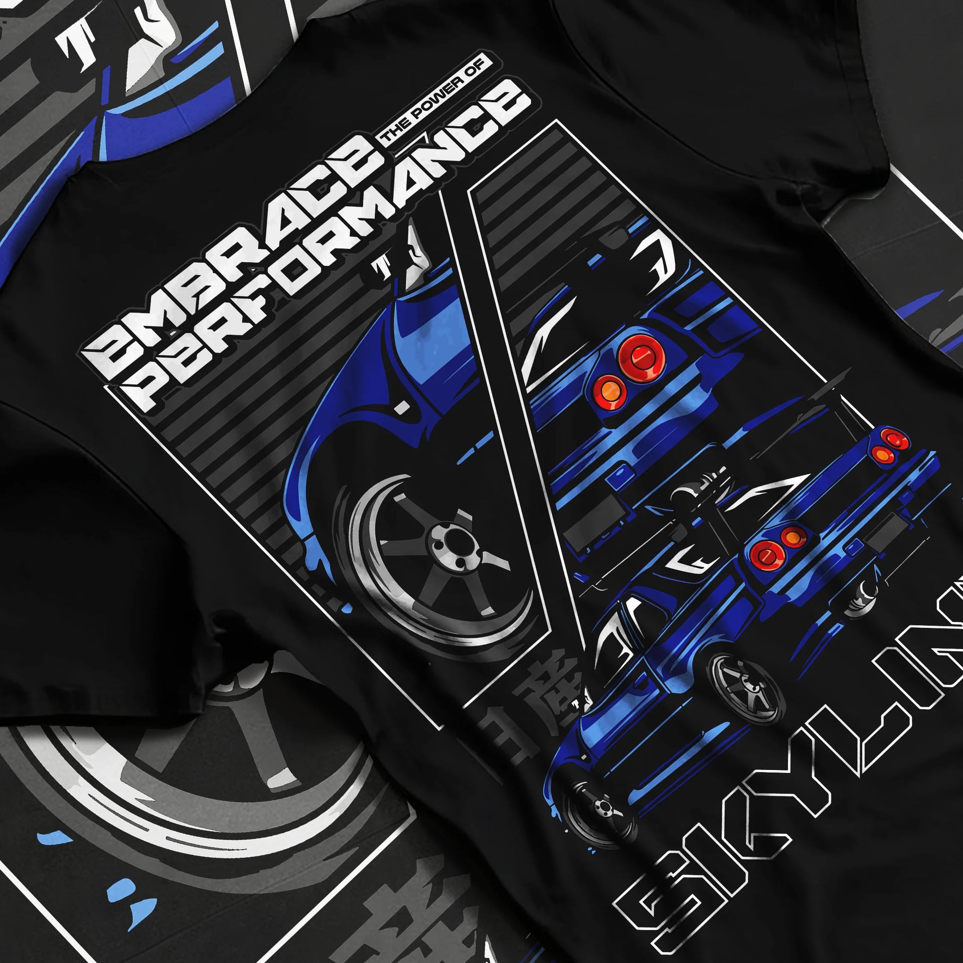 Black T-shirt laid flat with natural fabric folds, featuring Nissan Skyline R34 r34 skyline turbo jdm legend racing graphic.
