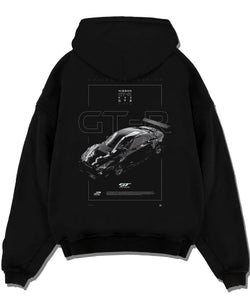 Black pullover hoodie laid flat on a white background, featuring Nissan FAIRLADY turbo turbocharged drift jdm japanese graphic.