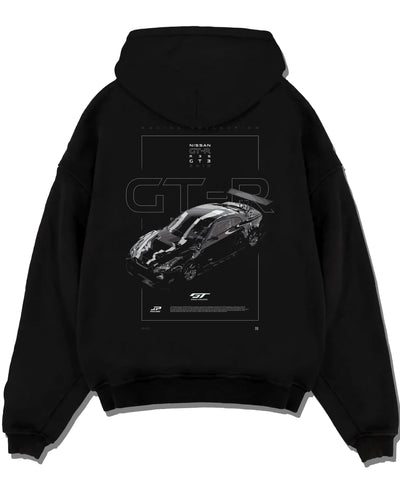 Black pullover hoodie laid flat on a white background, featuring Nissan FAIRLADY turbo turbocharged drift jdm japanese graphic.
