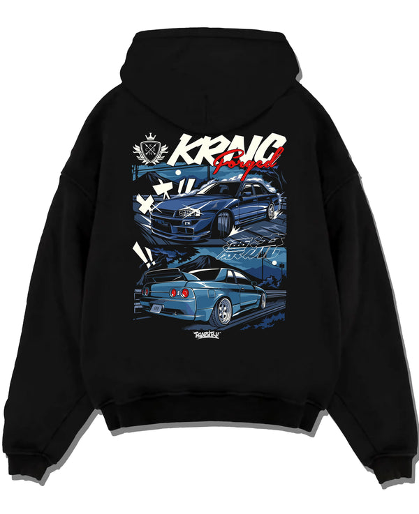 Black pullover hoodie laid flat on a white background, featuring Nissan Skyline R34 r34 skyline drift jdm legend racing graphic.