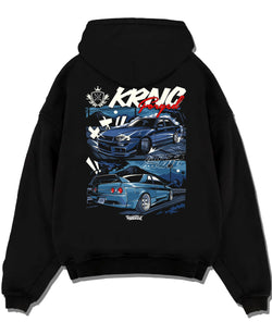 Black pullover hoodie laid flat on a white background, featuring Nissan Skyline R34 r34 skyline drift jdm legend racing graphic.