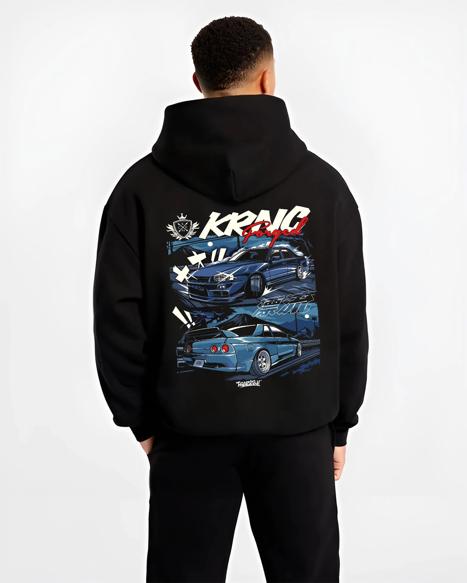 Black hoodie worn by a male model, back view, featuring Nissan Skyline R34 r34 skyline drift jdm legend racing graphic.