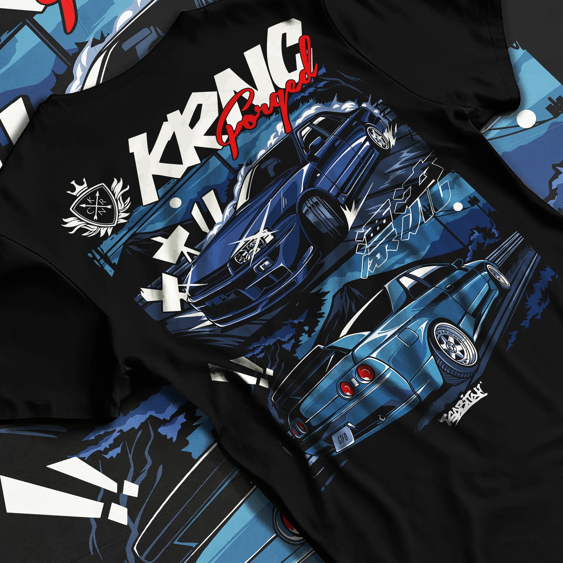 Black T-shirt laid flat with natural fabric folds, featuring Nissan Skyline R34 r34 skyline drift jdm legend racing graphic.