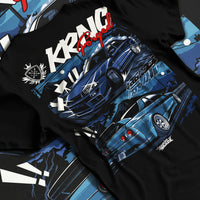 Black T-shirt laid flat with natural fabric folds, featuring Nissan Skyline R34 r34 skyline drift jdm legend racing graphic.