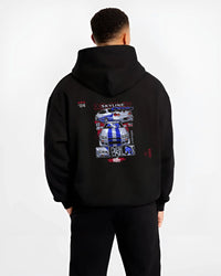 Black hoodie worn by a male model, back view, featuring Nissan Skyline R34 gt r r34 skyline drift jdm racing graphic.