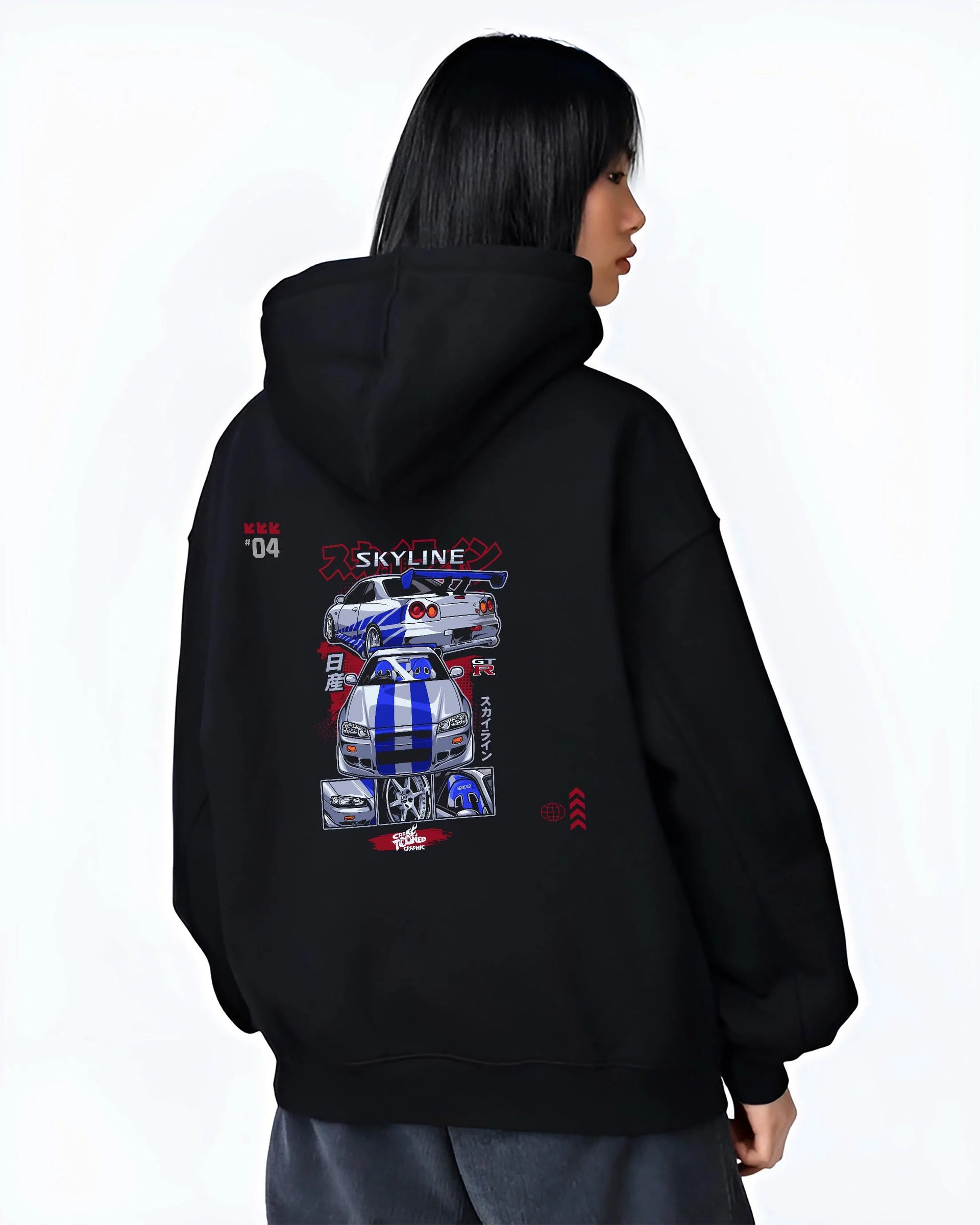 Black hoodie worn by a female model, back view, featuring Nissan Skyline R34 gt r r34 skyline drift jdm racing graphic.