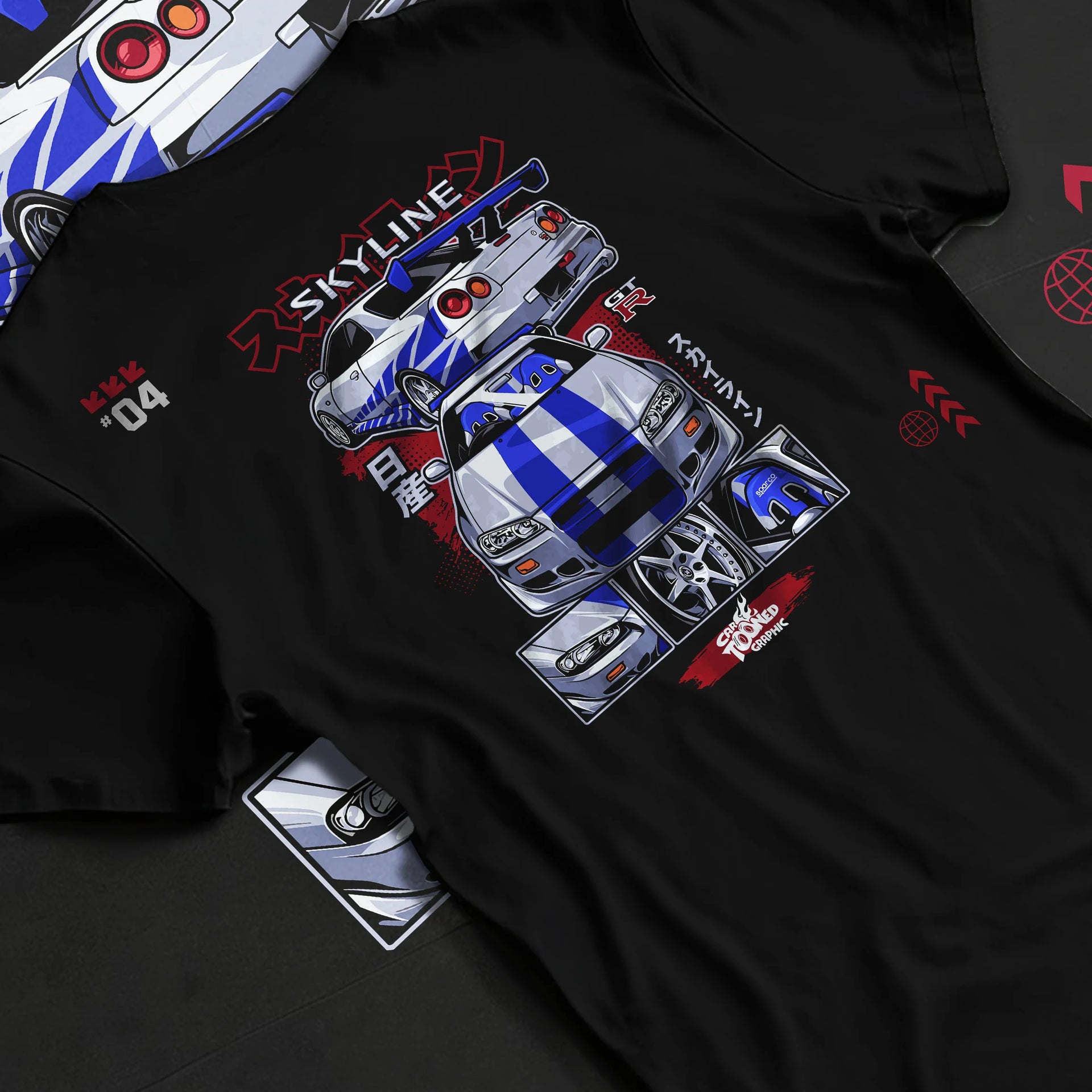 Black T-shirt laid flat with natural fabric folds, featuring Nissan Skyline R34 gt r r34 skyline drift jdm racing graphic.