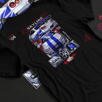 Black T-shirt laid flat with natural fabric folds, featuring Nissan Skyline R34 gt r r34 skyline drift jdm racing graphic.