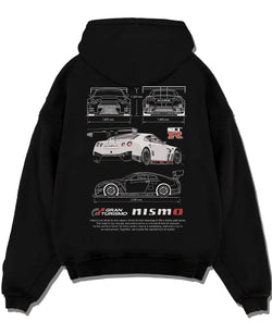 Black pullover hoodie laid flat on a white background, featuring Nissan GT-R gt r gran turismo legend racing street graphic.