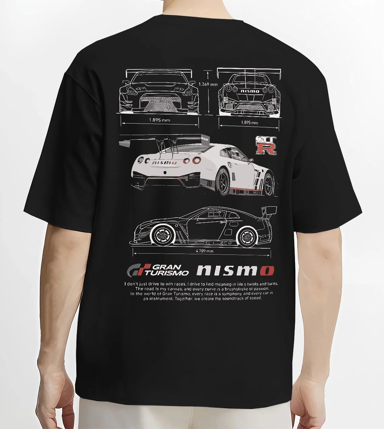 Black T-shirt worn by a male model, back view, featuring Nissan GT-R gt r gran turismo legend racing street performance graphic.