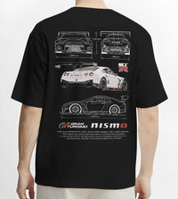 Black T-shirt worn by a male model, back view, featuring Nissan GT-R gt r gran turismo legend racing street performance graphic.