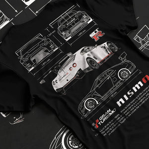 Black T-shirt laid flat with natural fabric folds, featuring Nissan GT-R gt r gran turismo legend racing street performance graphic.