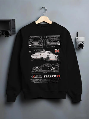 Black crewneck sweatshirt on a hanger against a grey wall, featuring Nissan GT-R gt r gran turismo legend racing street graphic.