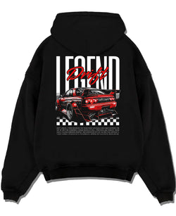 Black pullover hoodie laid flat on a white background, featuring Nissan GT-R R34 gtr r34 skyline racing drift jdm graphic.