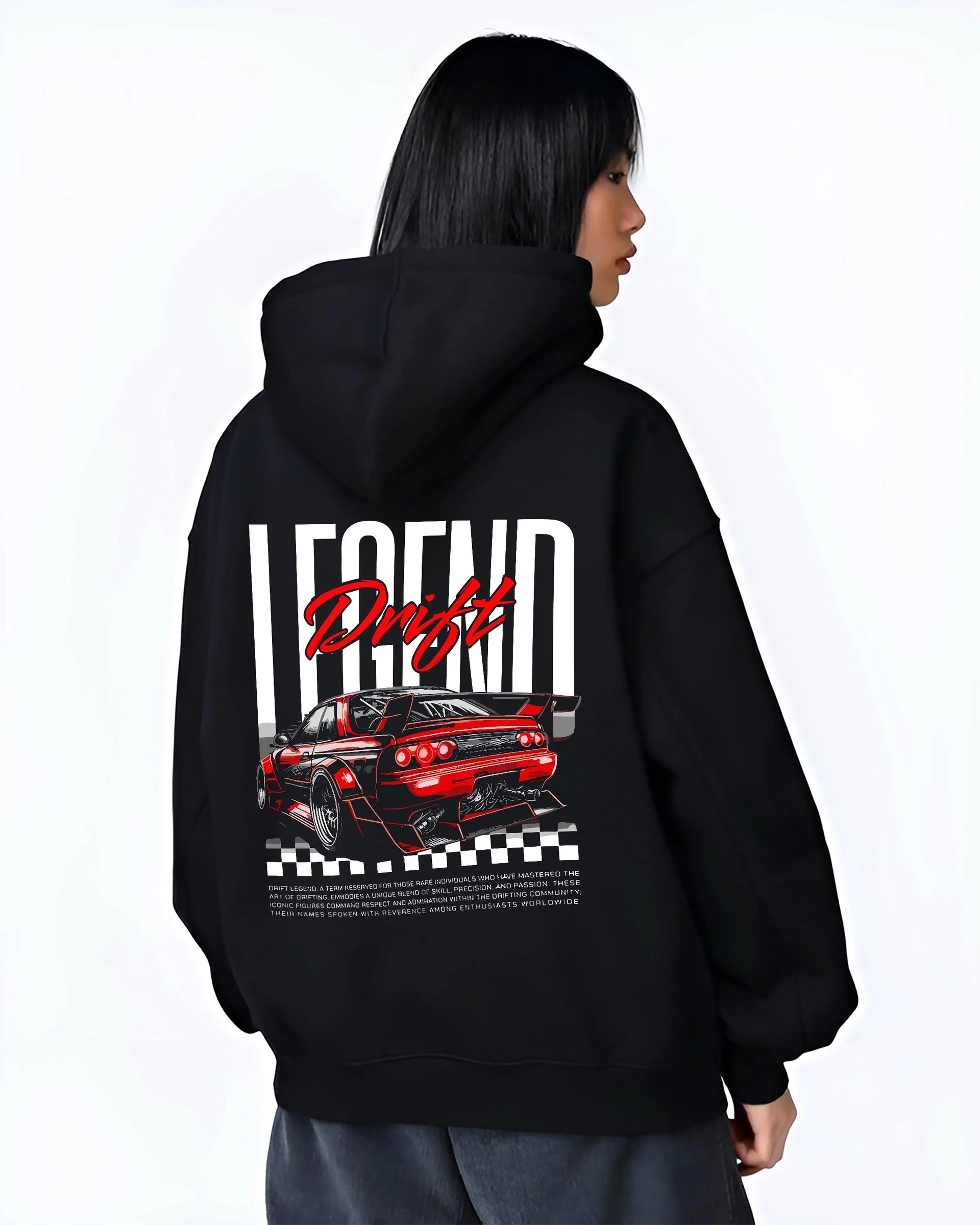 Black hoodie worn by a female model, back view, featuring Nissan GT-R R34 gtr r34 skyline racing drift jdm graphic.