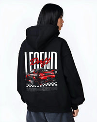 Black hoodie worn by a female model, back view, featuring Nissan GT-R R34 gtr r34 skyline racing drift jdm graphic.