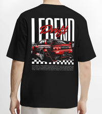 Black T-shirt worn by a male model, back view, featuring Nissan GT-R R34 gtr r34 skyline racing drift jdm graphic.