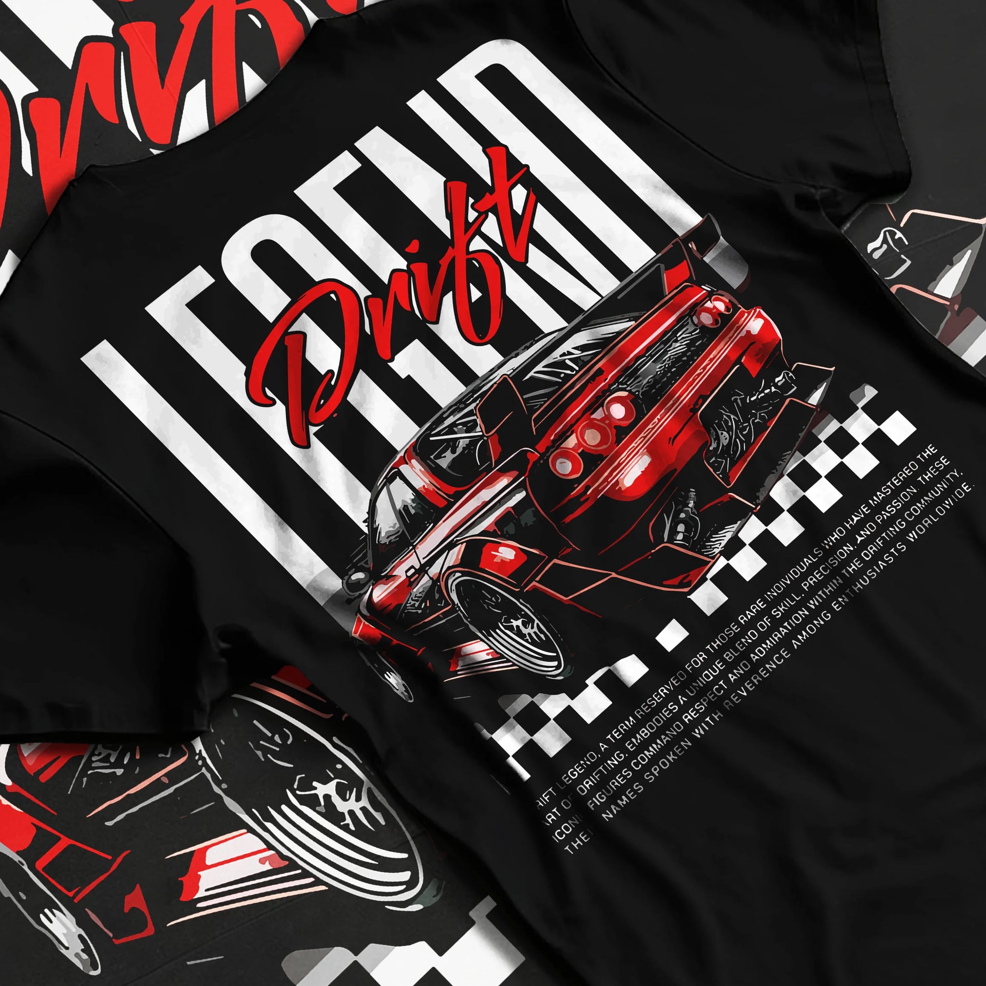 Black T-shirt laid flat with natural fabric folds, featuring Nissan GT-R R34 gtr r34 skyline racing drift jdm graphic.