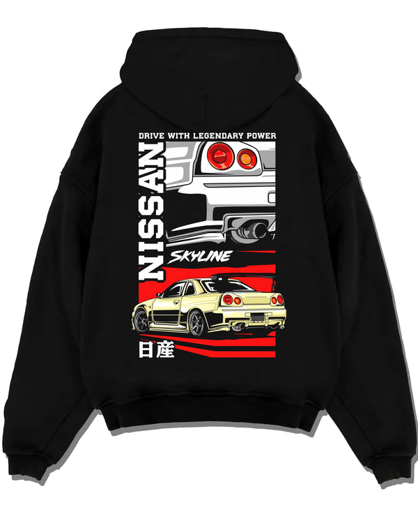 Black pullover hoodie laid flat on a white background, featuring Nissan Skyline R34 r34 skyline turbo drift jdm racing graphic.