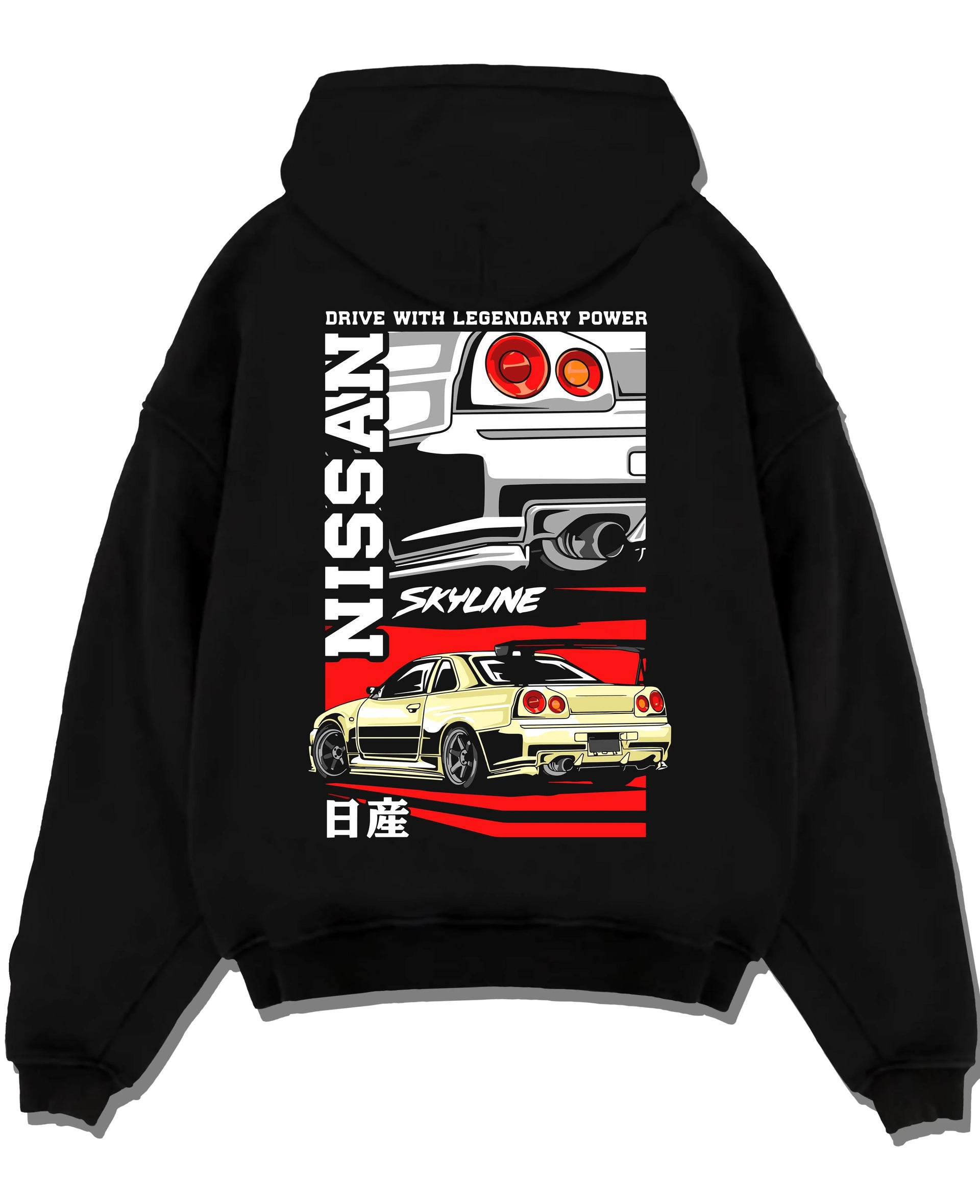 Black pullover hoodie laid flat on a white background, featuring Nissan Skyline R34 r34 skyline turbo drift jdm racing graphic.