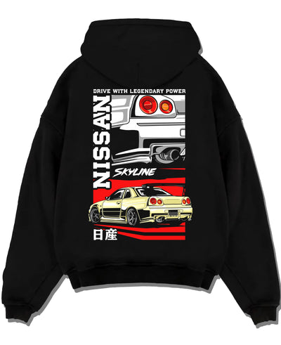 Black pullover hoodie laid flat on a white background, featuring Nissan Skyline R34 r34 skyline turbo drift jdm racing graphic.
