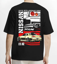 Black T-shirt worn by a male model, back view, featuring Nissan Skyline R34 r34 skyline turbo drift jdm racing graphic.