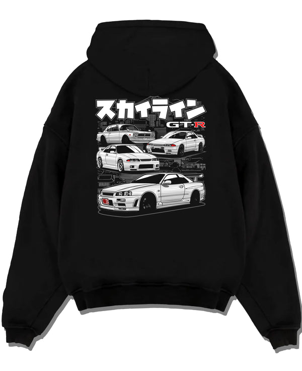 Black pullover hoodie laid flat on a white background, featuring EVO racing drift jdm stance slammed street performance graphic.