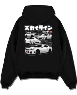 Black pullover hoodie laid flat on a white background, featuring EVO racing drift jdm stance slammed street performance graphic.