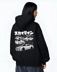 Black hoodie worn by a female model, back view, featuring EVO racing drift jdm stance slammed street performance graphic.
