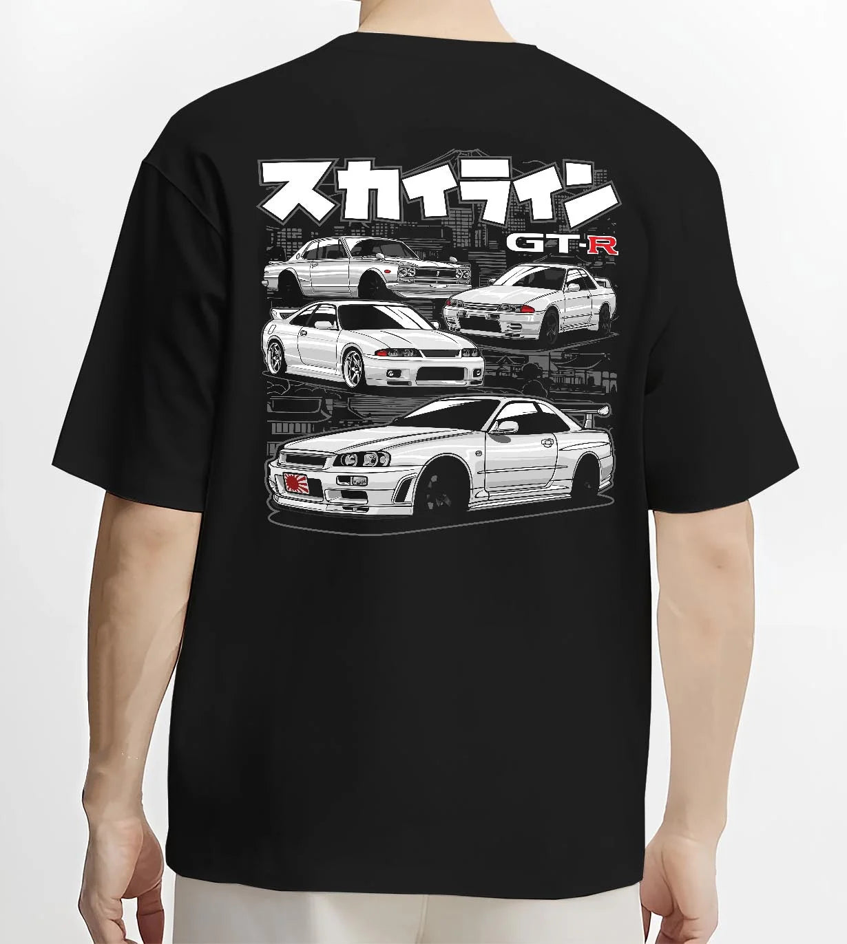 Black T-shirt worn by a male model, back view, featuring EVO racing drift jdm stance slammed street performance graphic.