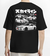 Black T-shirt worn by a male model, back view, featuring EVO racing drift jdm stance slammed street performance graphic.