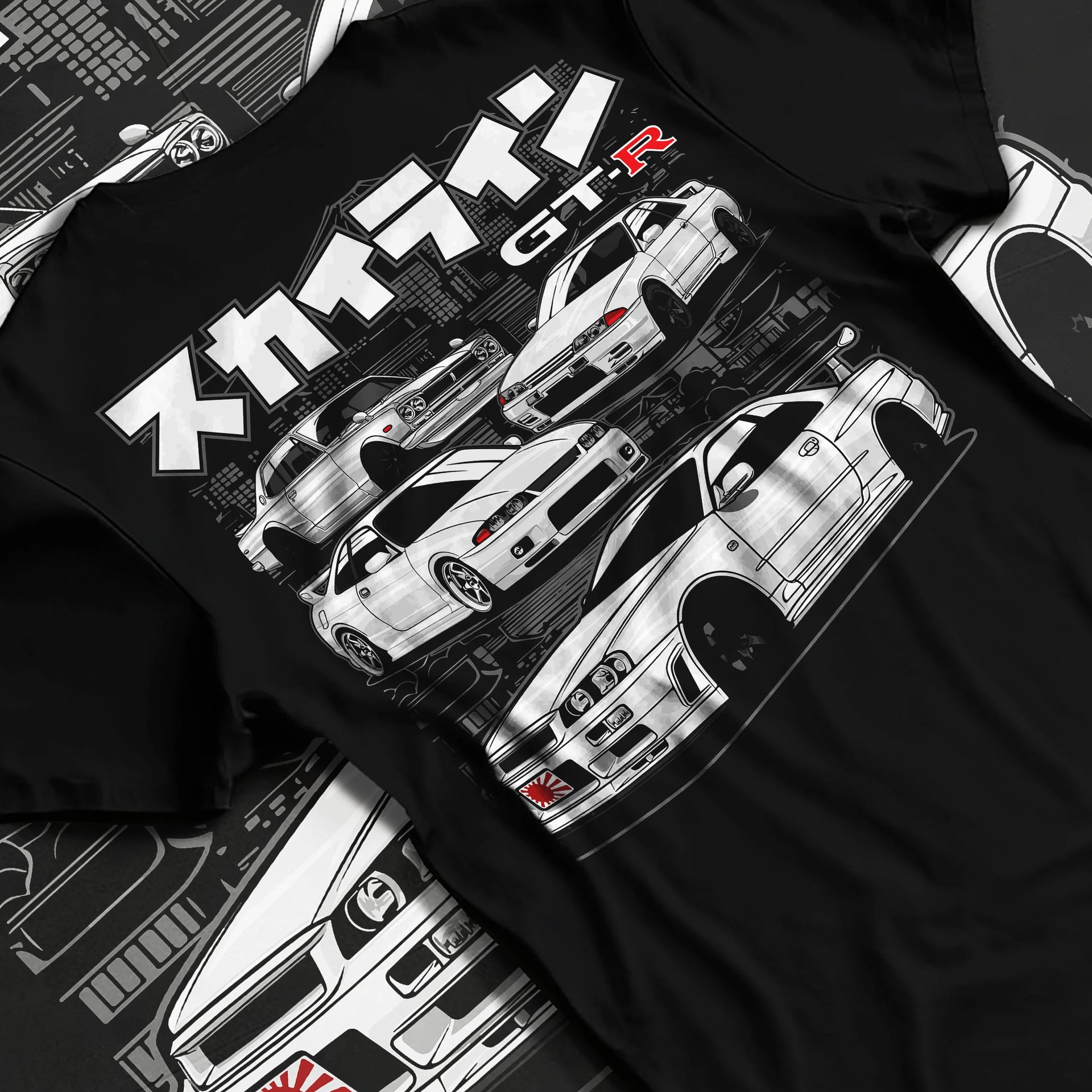 Black T-shirt laid flat with natural fabric folds, featuring EVO racing drift jdm stance slammed street performance graphic.