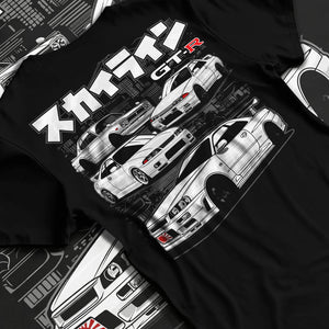 Black T-shirt laid flat with natural fabric folds, featuring EVO racing drift jdm stance slammed street performance graphic.