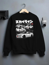 Black crewneck sweatshirt on a hanger against a grey wall, featuring EVO racing drift jdm stance slammed street performance graphic.