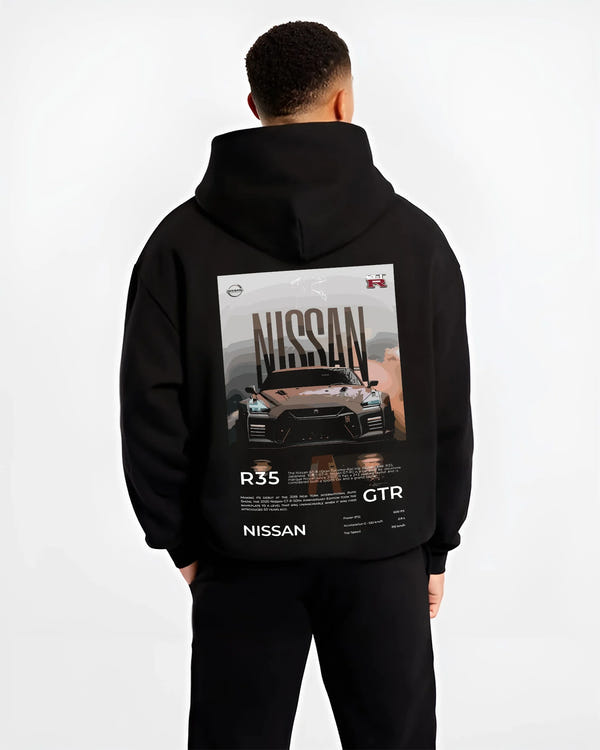 Black hoodie worn by a male model, back view, featuring Nissan GT-R R35 gt r r35 turbo racing street legend graphic.