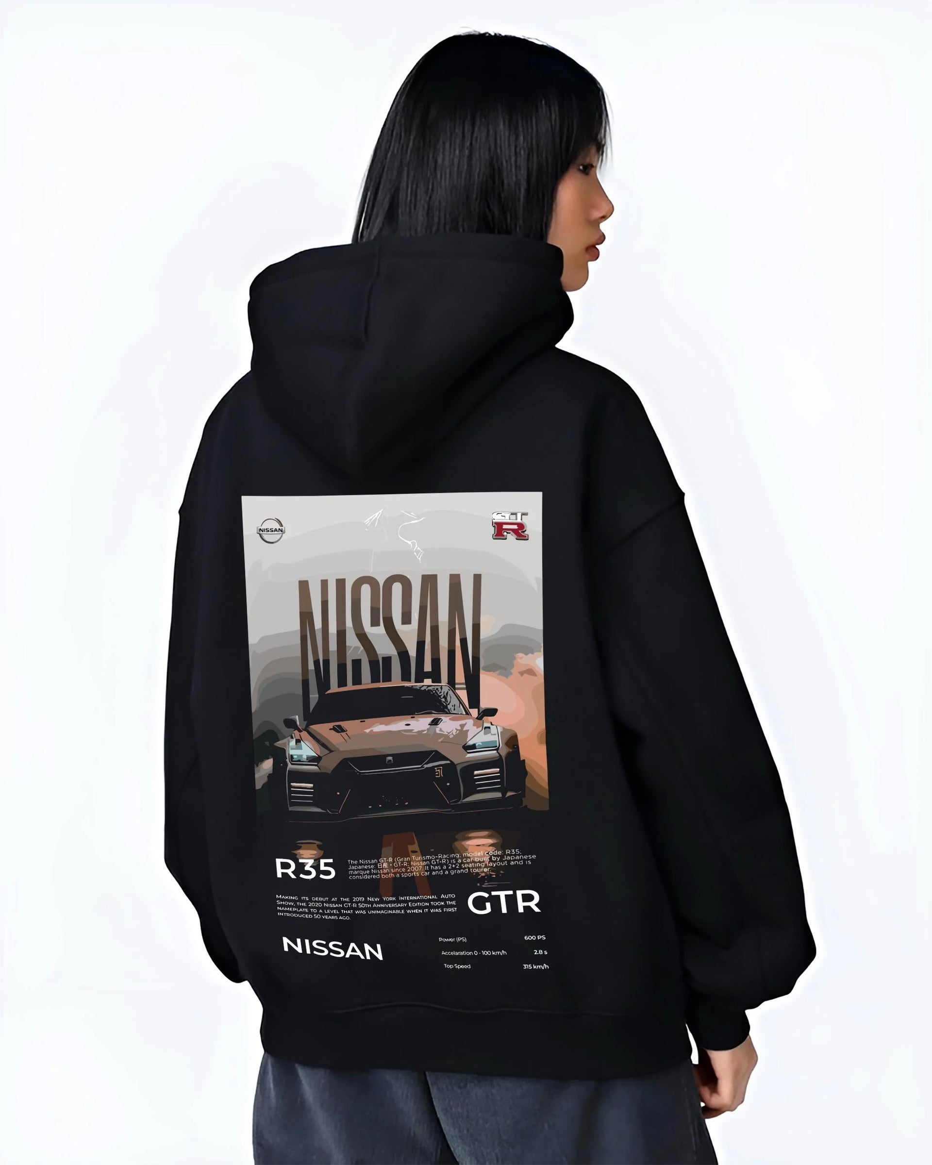 Black hoodie worn by a female model, back view, featuring Nissan GT-R R35 gt r r35 turbo racing street legend graphic.